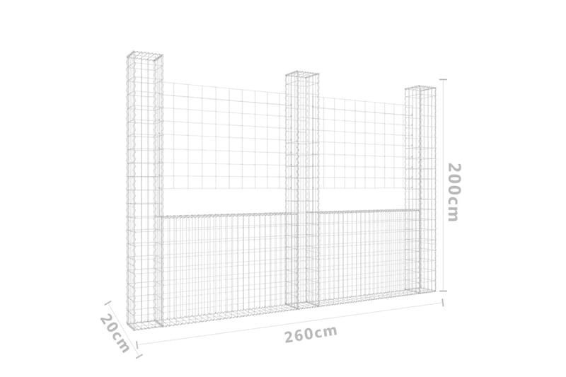 U-formad gabionkorg med 3 stolpar järn 260x20x200 cm - Silver - Staket & grind