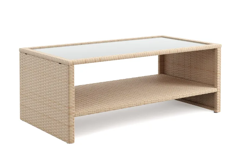 Wisconsin Soffbord utomhus i konstrotting med glasskiva och hylla för förvaring 58x110x43 cm - Beige - Utemöbler & utemiljö - Utebord & trädgårdsbord - Loungebord & soffbord utomhus