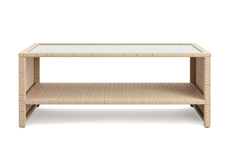 Wisconsin Soffbord utomhus i konstrotting med glasskiva och hylla för förvaring 58x110x43 cm - Beige - Utemöbler & utemiljö - Utebord & trädgårdsbord - Loungebord & soffbord utomhus