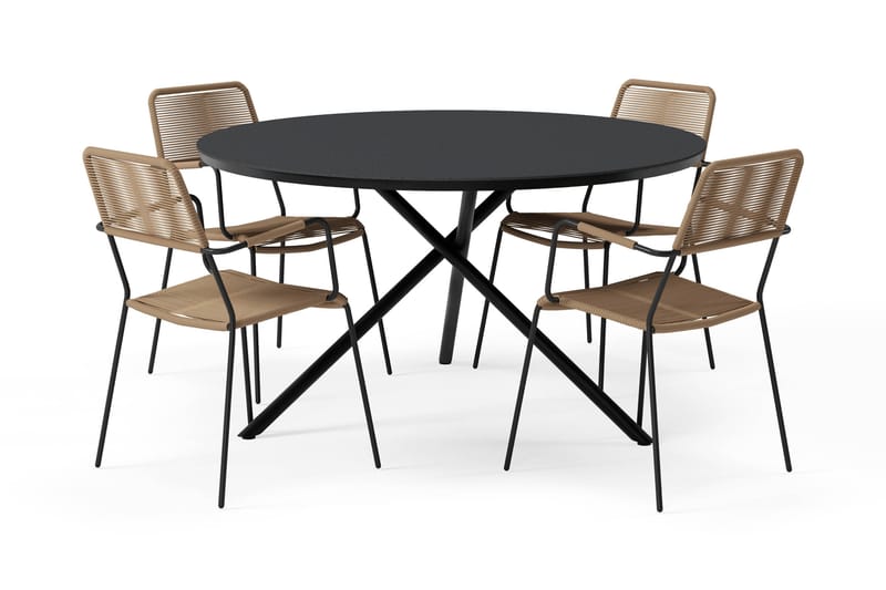 Alex Matbord 140 cm Runt med 4 Lindos Matstolar - Svart - Utemöbler & utemiljö - Utegrupp - Matgrupp utomhus