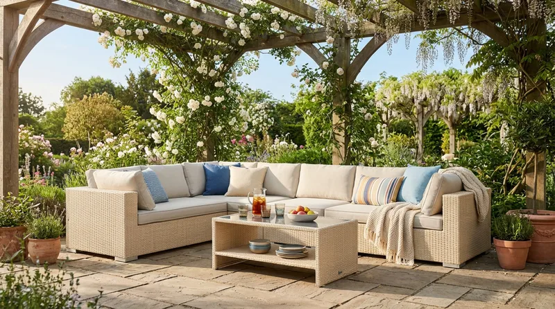 Bahamas L-formad utesoffa höger, 7-sits med bord och hylla - Beige - Utemöbler & utemiljö - Loungemöbler - Loungeset & loungegrupp