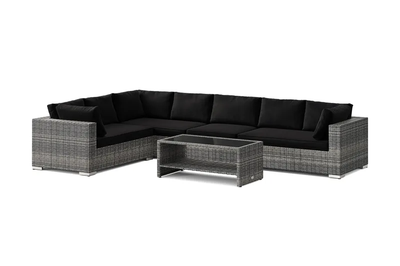 Bahamas L-formad utesoffa höger, 7-sits med bord och hylla, Grå