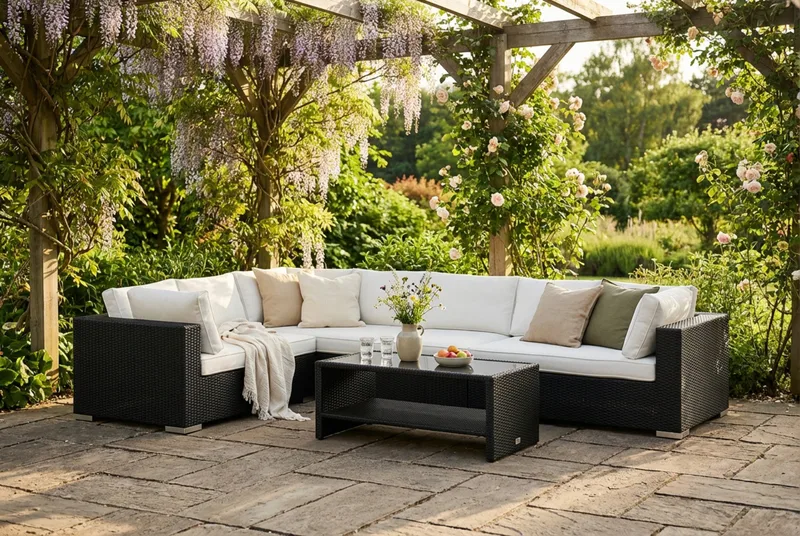 Bahamas L-formad utesoffa höger, 7-sits med bord och hylla - Svart - Utemöbler & utemiljö - Loungemöbler - Loungeset & loungegrupp