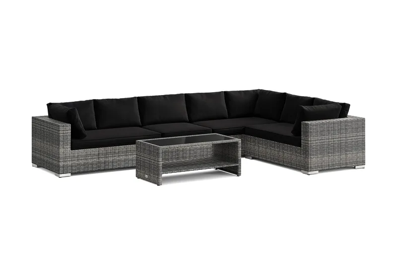 Bahamas L-formad utesoffa vänster, 7-sits med bord och hylla, Grå