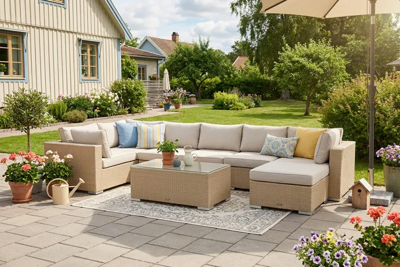 Bahamas U-formad utomhus loungegrupp 7-sits med vändbar divan och bord - Beige - Utemöbler & utemiljö - Loungemöbler - Loungeset & loungegrupp