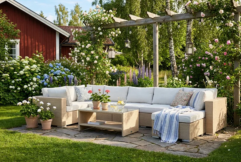 Bahamas U-formad utomhus loungegrupp 7-sits med vändbar divan och bord med hylla - Beige - Utemöbler & utemiljö - Loungemöbler - Loungeset & loungegrupp