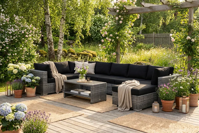 Bahamas U-formad utomhus loungegrupp 7-sits med vändbar divan och bord med hylla - Grå - Utemöbler & utemiljö - Loungemöbler - Loungeset & loungegrupp