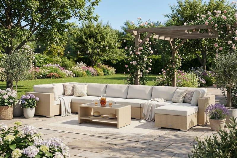 Bahamas U-formad utomhus loungegrupp 8-sits med vändbar divan och bord med hylla - Beige - Utemöbler & utemiljö - Loungemöbler - Loungeset & loungegrupp