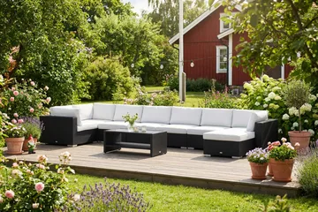 Bahamas U-formad utomhus loungegrupp 8-sits med vändbar divan och bord med hylla - Svart - Utemöbler & utemiljö - Loungemöbler - Loungeset & loungegrupp