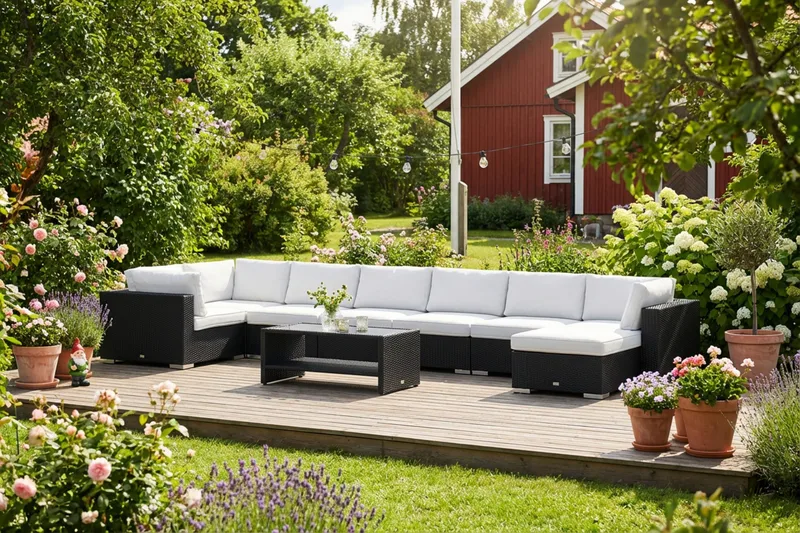 Bahamas U-formad utomhus loungegrupp 8-sits med vändbar divan och bord med hylla - Svart - Utemöbler & utemiljö - Loungemöbler - Loungeset & loungegrupp