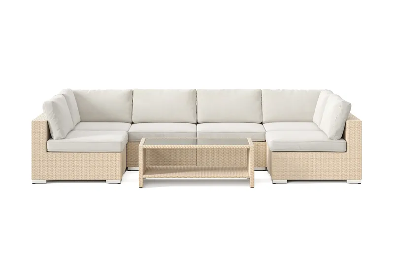 Bahamas U-formad utomhus loungegrupp med öppet avslut, 6-sits med bord och hylla - Beige - Utemöbler & utemiljö - Loungemöbler - Loungeset & loungegrupp