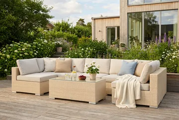 Bahamas U-formad utomhus loungegrupp med öppet avslut, 7-sits med bord - Beige - Utemöbler & utemiljö - Loungemöbler - Loungeset & loungegrupp