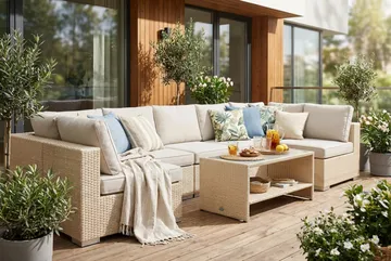 Bahamas U-formad utomhus loungegrupp med öppet avslut, 7-sits med bord och hylla - Beige - Utemöbler & utemiljö - Loungemöbler - Loungeset & loungegrupp