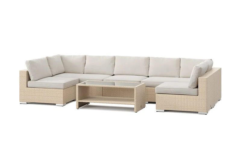 Bahamas U-formad utomhus loungegrupp med öppet avslut, 7-sits med bord och hylla, Beige