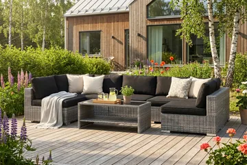 Bahamas U-formad utomhus loungegrupp med öppet avslut, 7-sits med bord och hylla - Grå - Utemöbler & utemiljö - Loungemöbler - Loungeset & loungegrupp