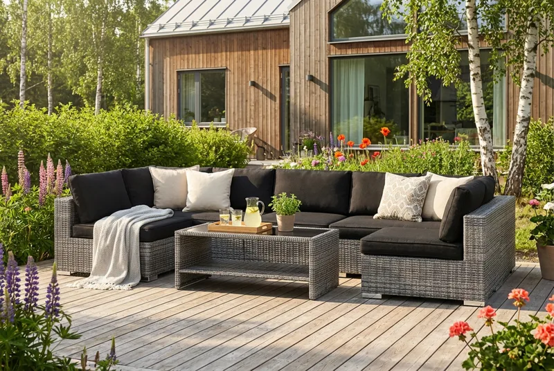 Bahamas U-formad utomhus loungegrupp med öppet avslut, 7-sits med bord och hylla - Grå - Utemöbler & utemiljö - Loungemöbler - Loungeset & loungegrupp