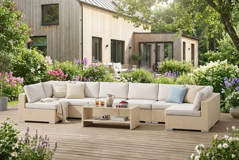 Bahamas U-formad utomhus loungegrupp med öppet avslut, 8-sits med bord och hylla - Beige - Utemöbler & utemiljö - Loungemöbler - Loungeset & loungegrupp