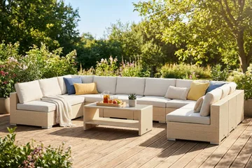 Bahamas U-formad utomhus loungegrupp med öppet avslut, 9-sits med bord - Beige - Utemöbler & utemiljö - Loungemöbler - Loungeset & loungegrupp