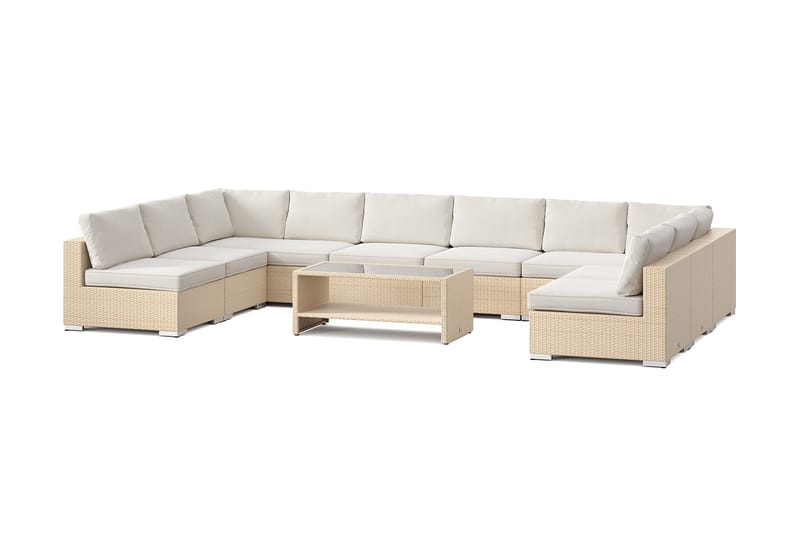 Bahamas U-formad utomhus loungegrupp med öppet avslut, 9-sits med bord och hylla, Beige