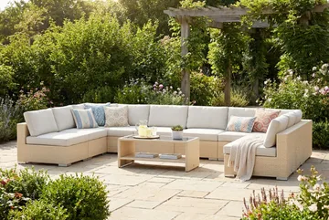 Bahamas U-formad utomhus loungegrupp med öppet avslut, 9-sits med bord och hylla - Beige - Utemöbler & utemiljö - Loungemöbler - Loungeset & loungegrupp