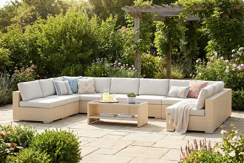 Bahamas U-formad utomhus loungegrupp med öppet avslut, 9-sits med bord och hylla - Beige - Utemöbler & utemiljö - Loungemöbler - Loungeset & loungegrupp