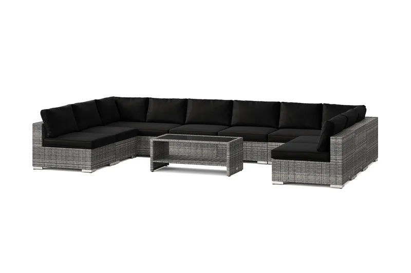 Bahamas U-formad utomhus loungegrupp med öppet avslut, 9-sits med bord och hylla, Grå