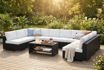 Bahamas U-formad utomhus loungegrupp med öppet avslut, 9-sits med bord och hylla - Svart - Utemöbler & utemiljö - Loungemöbler - Loungeset & loungegrupp