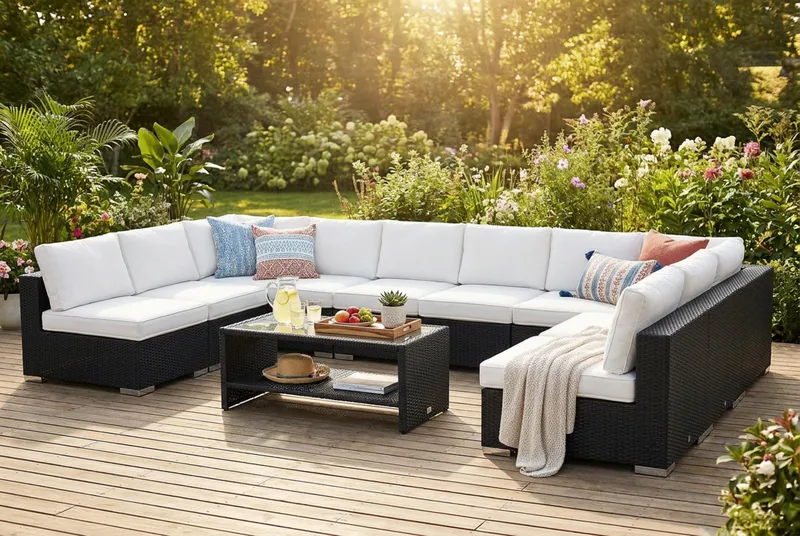 Bahamas U-formad utomhus loungegrupp med öppet avslut, 9-sits med bord och hylla - Svart - Utemöbler & utemiljö - Loungemöbler - Loungeset & loungegrupp
