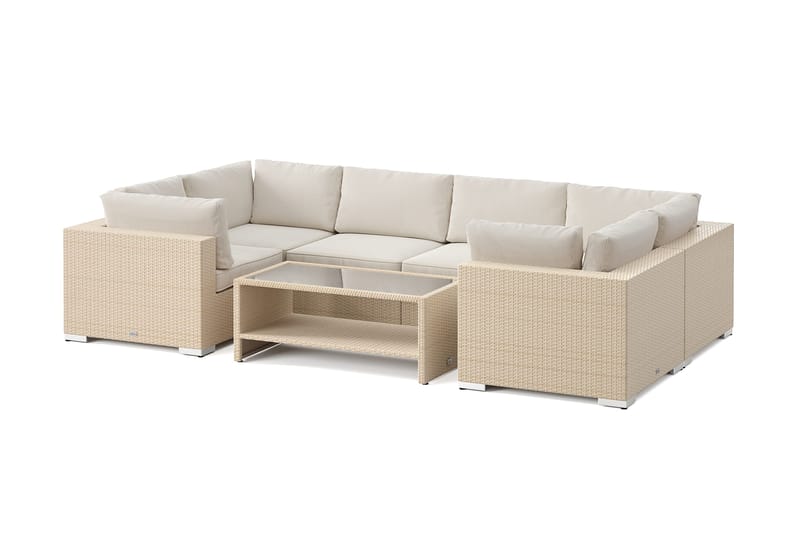 Bahamas U-formad utomhus loungegrupp med stängt avslut, 6-sits med bord och hylla, Beige