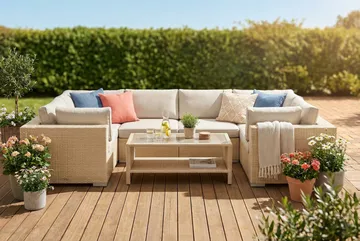 Bahamas U-formad utomhus loungegrupp med stängt avslut, 6-sits med bord och hylla - Beige - Utemöbler & utemiljö - Loungemöbler - Loungeset & loungegrupp