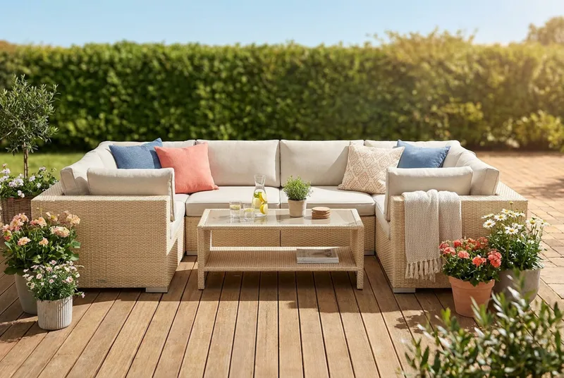 Bahamas U-formad utomhus loungegrupp med stängt avslut, 6-sits med bord och hylla - Beige - Utemöbler & utemiljö - Loungemöbler - Loungeset & loungegrupp