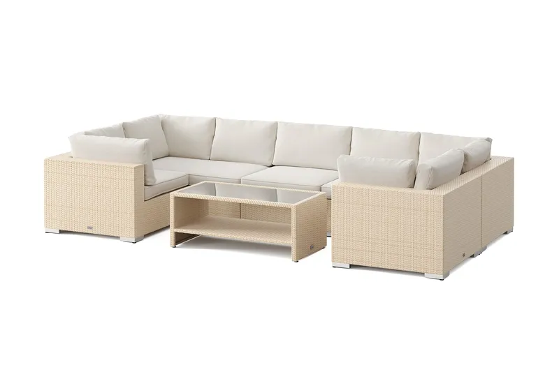 Bahamas U-formad utomhus loungegrupp med stängt avslut, 7-sits med bord och hylla, Beige