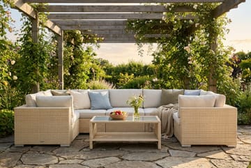 Bahamas U-formad utomhus loungegrupp med stängt avslut, 7-sits med bord och hylla - Beige - Utemöbler & utemiljö - Loungemöbler - Loungeset & loungegrupp