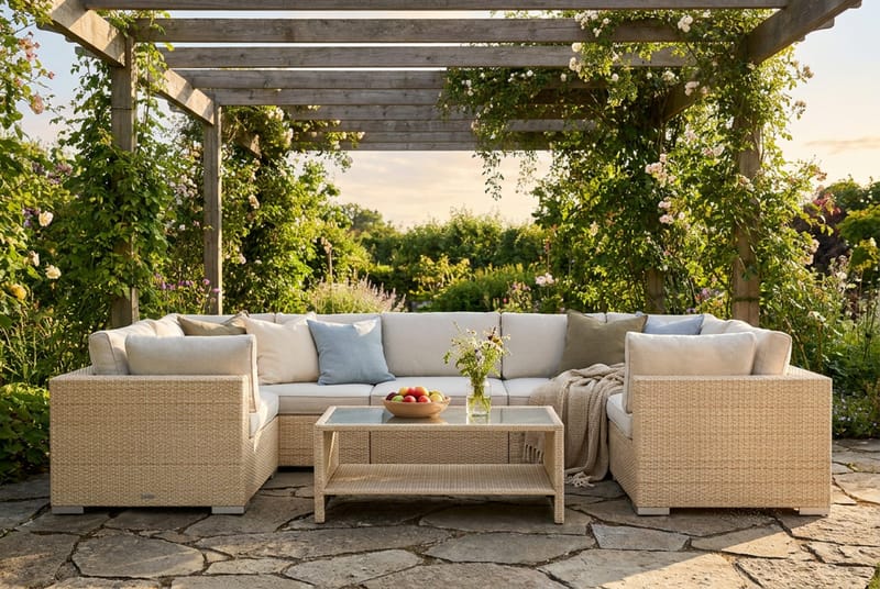 Bahamas U-formad utomhus loungegrupp med stängt avslut, 7-sits med bord och hylla - Beige - Utemöbler & utemiljö - Loungemöbler - Loungeset & loungegrupp