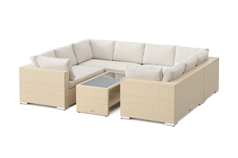 Bahamas U-formad utomhus loungegrupp med stängt avslut, 8-sits med bord och hylla, Beige