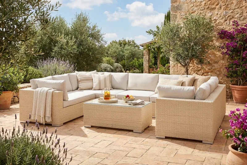 Bahamas U-formad utomhus loungegrupp med stängt avslut, 9-sits med bord - Beige - Utemöbler & utemiljö - Loungemöbler - Loungeset & loungegrupp