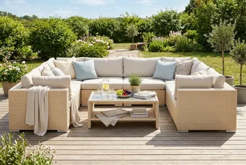 Bahamas U-formad utomhus loungegrupp med stängt avslut, 9-sits med bord och hylla - Beige - Utemöbler & utemiljö - Loungemöbler - Loungeset & loungegrupp