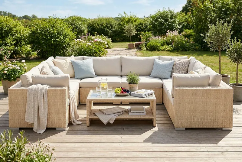 Bahamas U-formad utomhus loungegrupp med stängt avslut, 9-sits med bord och hylla - Beige - Utemöbler & utemiljö - Loungemöbler - Loungeset & loungegrupp