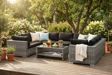 Bahamas U-formad utomhus loungegrupp med stängt avslut, 9-sits med bord och hylla - Grå - Utemöbler & utemiljö - Loungemöbler - Loungeset & loungegrupp
