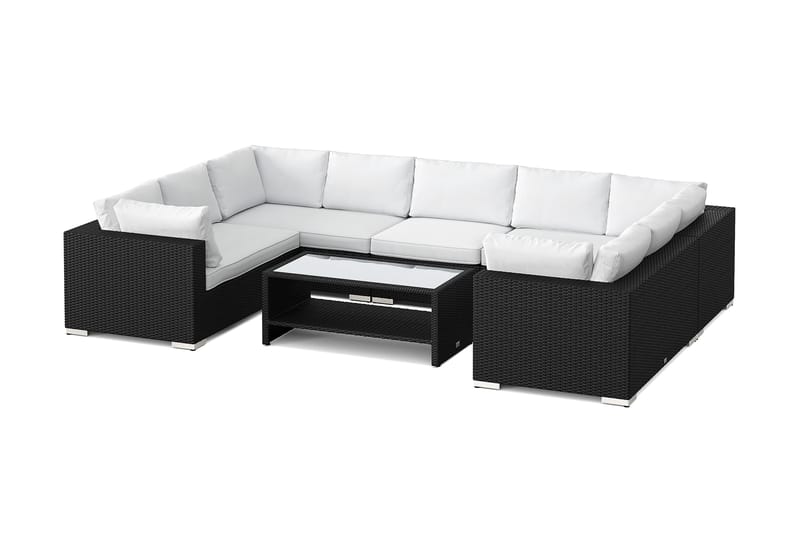 Bahamas U-formad utomhus loungegrupp med stängt avslut, 9-sits med bord och hylla, Svart