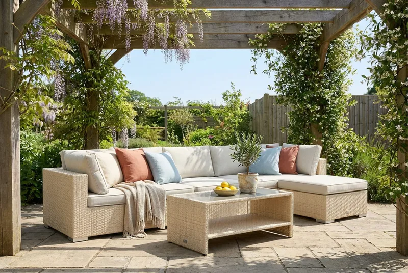 Bahamas utomhus divansoffa 6-sits med vändbar divan och bord med hylla - Beige - Utemöbler & utemiljö - Loungemöbler - Loungeset & loungegrupp