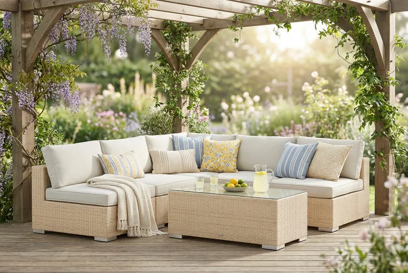 Bahamas utomhus hörnsoffa 5-sits vändbar med öppet avslut och bord - Beige - Utemöbler & utemiljö - Loungemöbler - Loungeset & loungegrupp