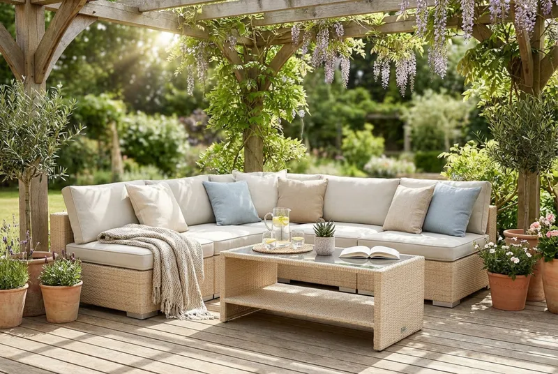 Bahamas utomhus hörnsoffa 5-sits vändbar med öppet avslut och bord med hylla - Beige - Utemöbler & utemiljö - Loungemöbler - Loungeset & loungegrupp