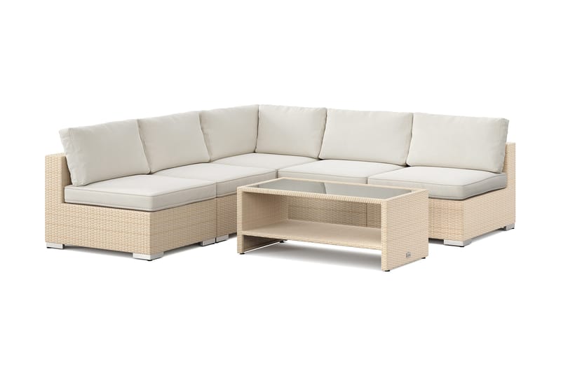 Bahamas utomhus hörnsoffa 5-sits vändbar med öppet avslut och bord med hylla, Sand