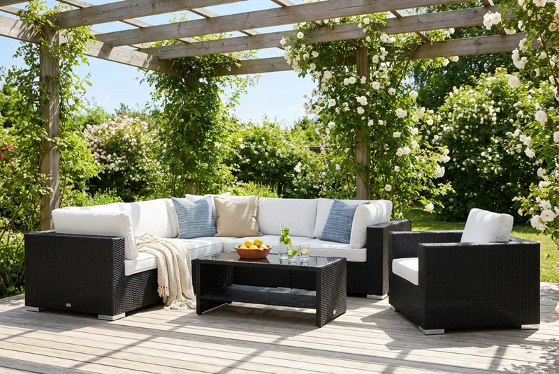 Bahamas utomhus hörnsoffa 6-sits vändbar med fåtölj och bord med hylla - Svart - Utemöbler & utemiljö - Loungemöbler - Loungeset & loungegrupp