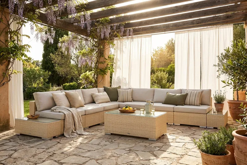 Bahamas utomhus hörnsoffa 7-sits vändbar med öppet avslut och bord - Beige - Utemöbler & utemiljö - Loungemöbler - Loungeset & loungegrupp