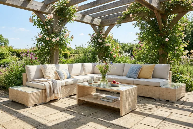 Bahamas utomhus hörnsoffa 7-sits vändbar med öppet avslut och bord med hylla - Beige - Utemöbler & utemiljö - Loungemöbler - Loungeset & loungegrupp