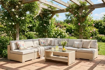Bahamas utomhus hörnsoffa 7-sits vändbar med öppet avslut och bord med hylla - Beige - Utemöbler & utemiljö - Loungemöbler - Loungeset & loungegrupp