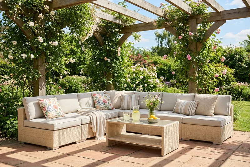 Bahamas utomhus hörnsoffa 7-sits vändbar med öppet avslut och bord med hylla - Beige - Utemöbler & utemiljö - Loungemöbler - Loungeset & loungegrupp