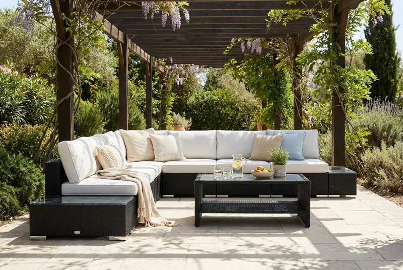 Bahamas utomhus hörnsoffa 7-sits vändbar med öppet avslut och bord med hylla - Svart - Utemöbler & utemiljö - Loungemöbler - Loungeset & loungegrupp